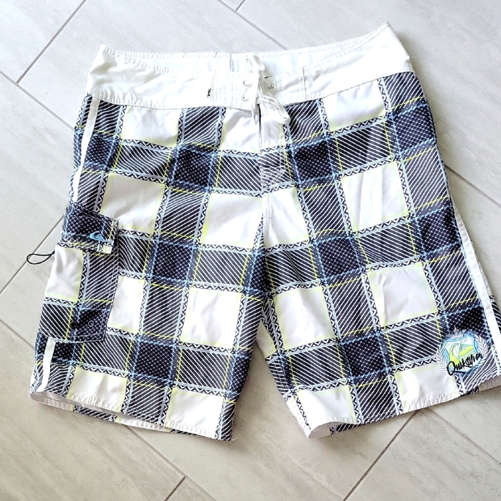 Quiksilver White and Blue Plaid Board Shorts